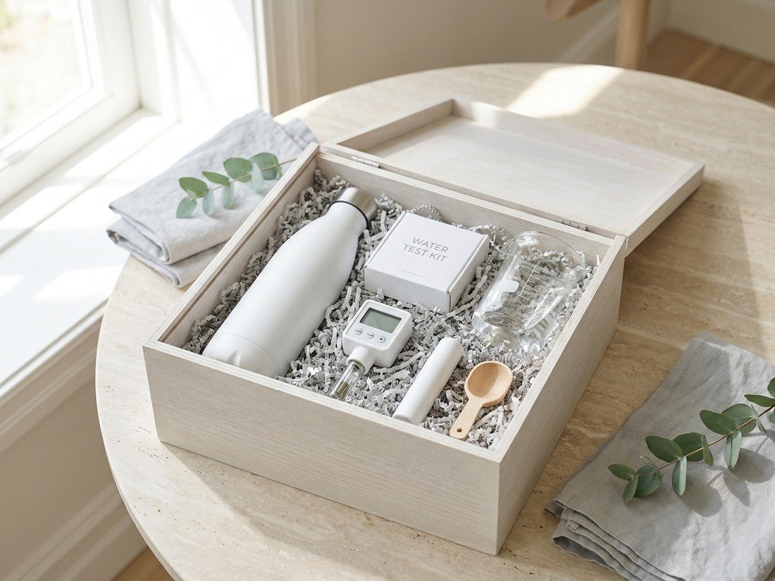An open gift box of water goods