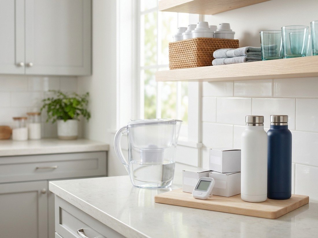 A styled kitchen shelf of water goods