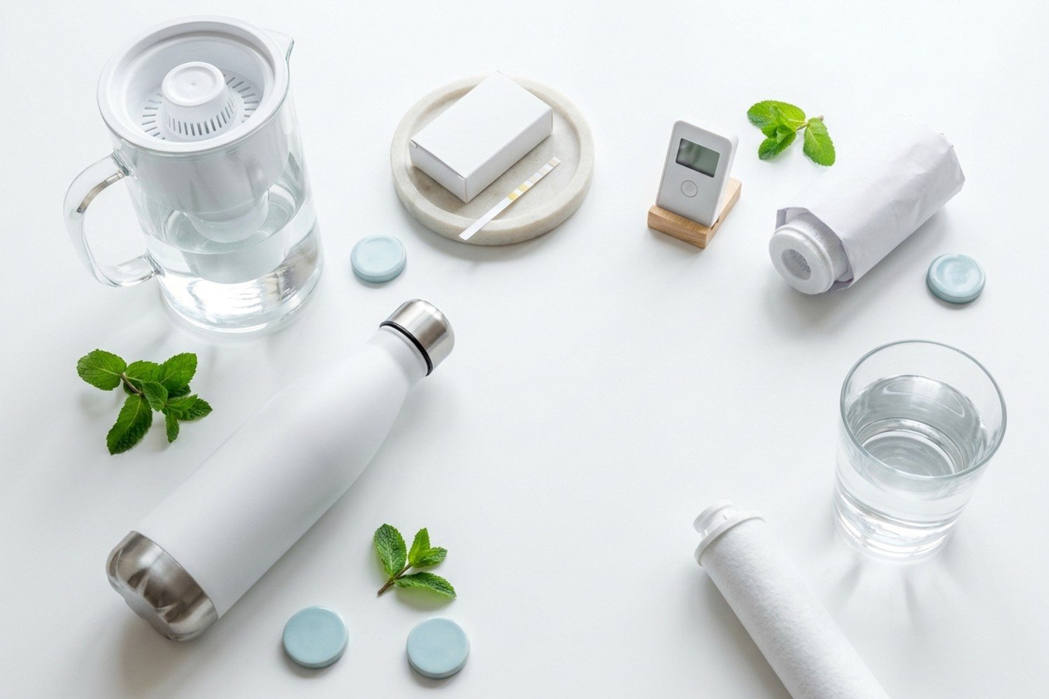 A flat-lay of home water goods
